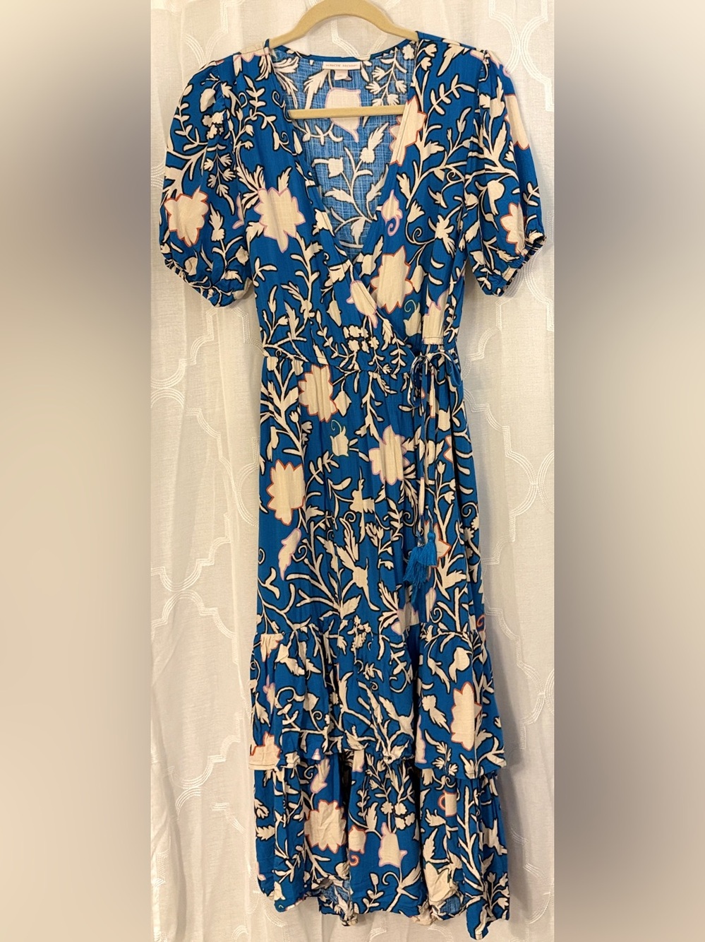 Knox Rose Blue Floral Wrap Dress Boho Ruffle Tie Waist Midi Dress Size Medium - Picture 2 of 16